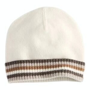 Charter Club 100% Cashmere Stripe Cuffed Beanie Hat Warm Praline One Size